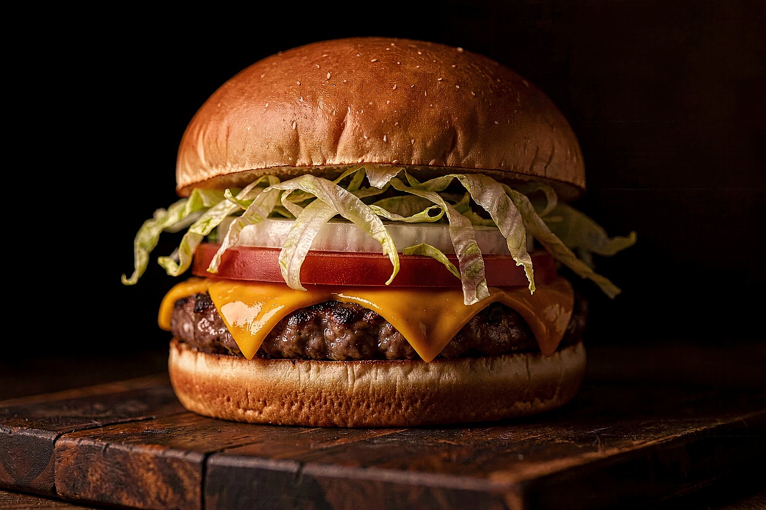 The Signature Beef Burger — our all-American classic piled with shredded lettuce on a toasted brioche bun, made from our house blend of short rib, brisket and chuck